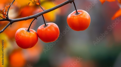  Three cherry tomatoes dangle from a branch against a hazy backdrop of orange leaves and a tree photo