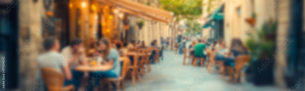 Fototapeta premium Blurred background of People sitting at tables in outdoor cafe, on bustling street. Relaxed atmosphere, featuring individuals enjoying coffee and casual conversation in lively city environment.