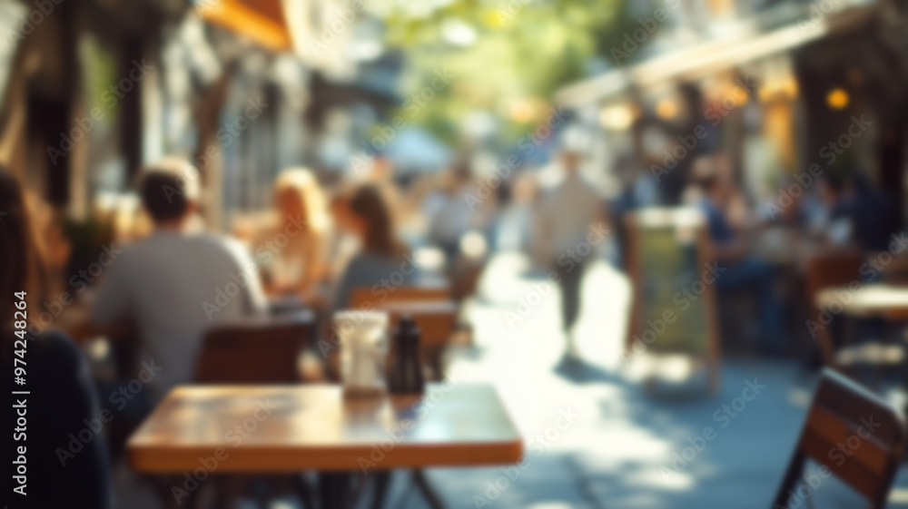 Blurred background of People sitting at tables in outdoor cafe, on bustling street. Relaxed atmosphere, featuring individuals enjoying coffee and casual conversation in lively city environment. Blurred background of People sitting at tables in outdoor cafe, on bustling street. Relaxed atmosphere, featuring individuals enjoying coffee and casual conversation in lively city environment.