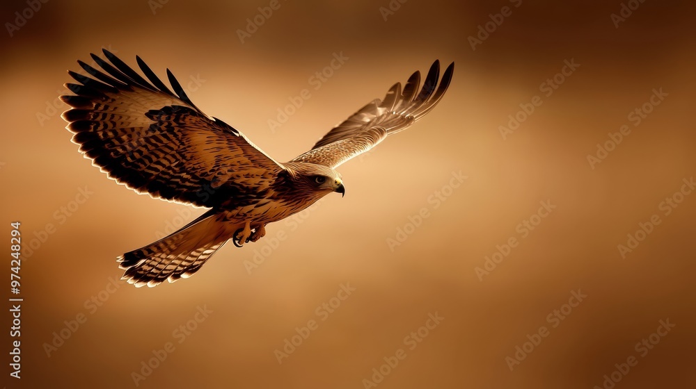 Fototapeta premium A bird of prey flies in the air with its wings spread out, not wides