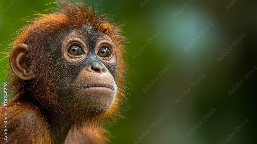 Fototapeta premium A tight shot of a monkey's face with trees in the foreground blurred behind