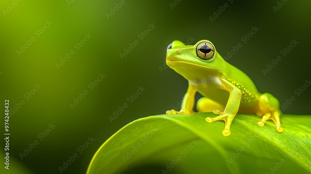 Obraz premium A tight shot of a frog atop a leaf against a softly blurred background