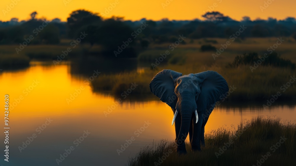 Obraz premium An elephant stands before a tranquil body of water during sunset, surrounded by trees