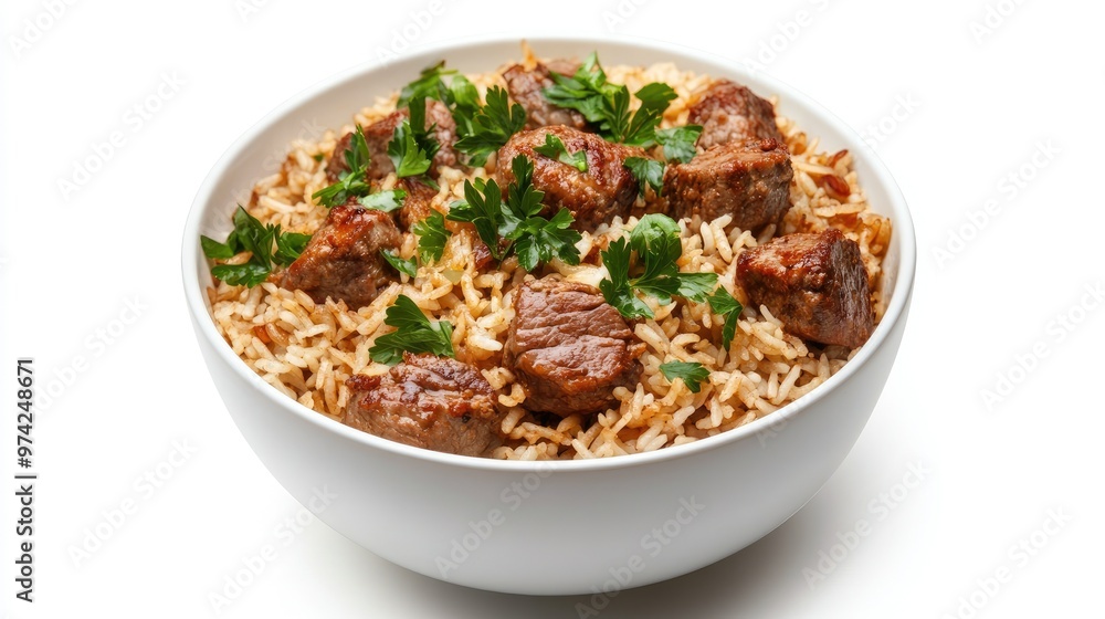 A white bowl filled with a hearty meal of beef and rice, garnished with fresh parsley, isolated on a white background. A white bowl filled with a hearty meal of beef and rice, garnished with fresh parsley, isolated on a white background.
