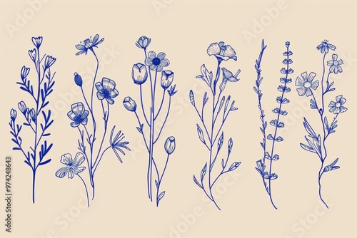 Line art of various flowers in blue on a soft beige background, showcasing intricate floral designs and nature s beauty photo