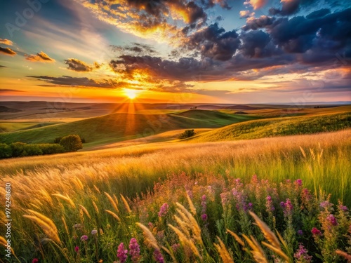 Serene sunset on the rolling hills of the American prairie, with tall grasses and wildflowers swaying gently in photo