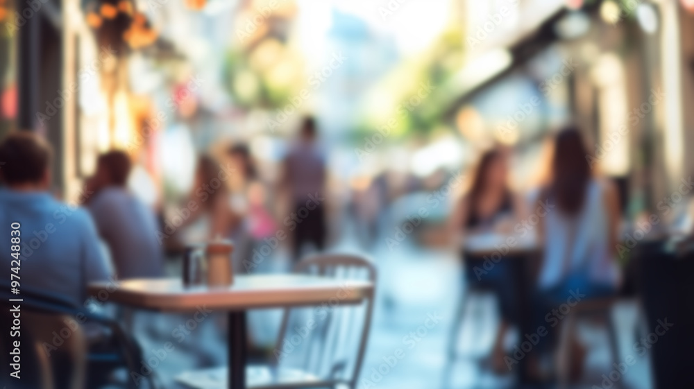 Blurred background of People sitting at tables in outdoor cafe, on bustling street. Relaxed atmosphere, featuring individuals enjoying coffee and casual conversation in lively city environment. Blurred background of People sitting at tables in outdoor cafe, on bustling street. Relaxed atmosphere, featuring individuals enjoying coffee and casual conversation in lively city environment.