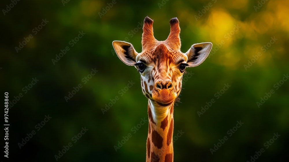 Obraz premium A tight shot of a giraffe's face against a softly blurred backdrop of trees