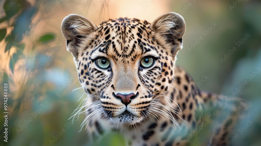 A tight shot of a cheetah's expression, its blue eyes piercing the frame, set against a hazy backdrop of grass A tight shot of a cheetah's expression, its blue eyes piercing the frame, set against a hazy backdrop of grass