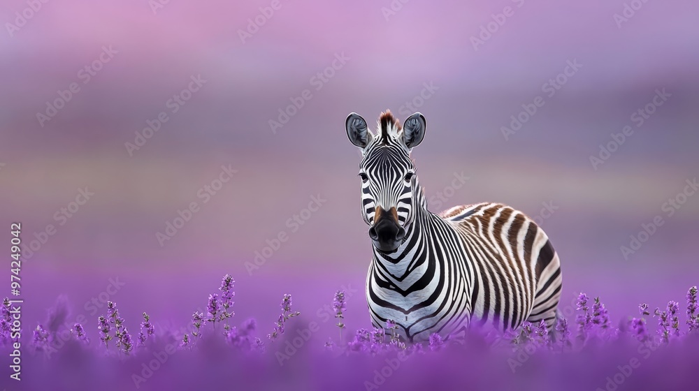 Fototapeta premium A zebra stands in a purple flower field, surrounded by a hazy sky