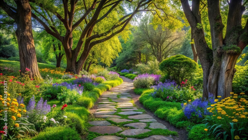 Serene winding stone pathway meanders through lush greenery, surrounded by ancient trees and vibrant wildflowers, Serene winding stone pathway meanders through lush greenery, surrounded by ancient trees and vibrant wildflowers,