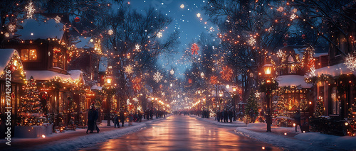 A city street lit with Christmas decorations featuring figures of people walking. Christmas