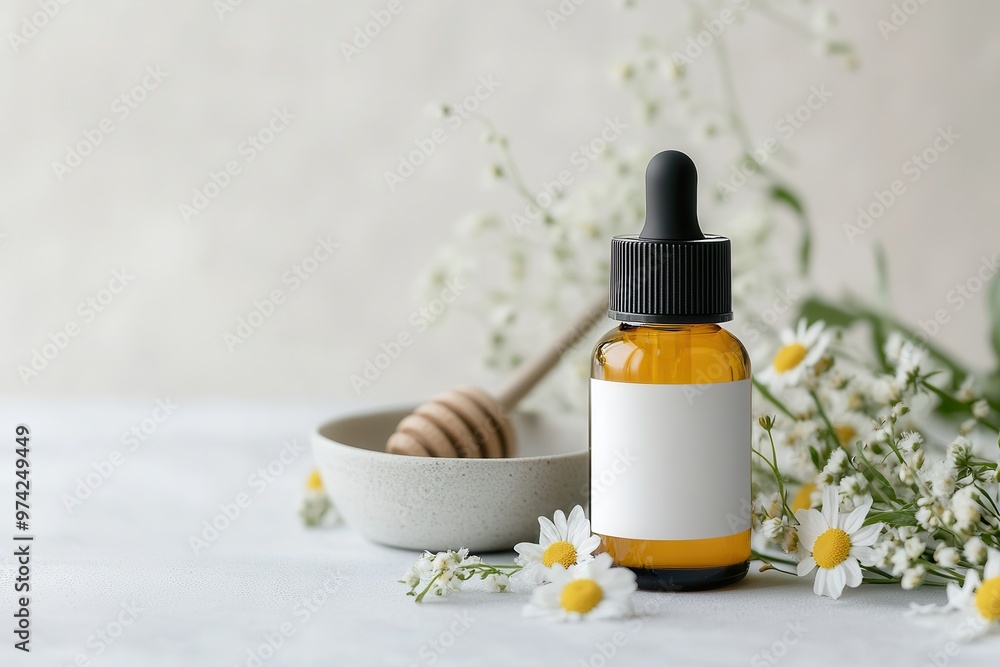 A dropper bottle beside a bowl of honey and flowers, suggesting natural wellness. A dropper bottle beside a bowl of honey and flowers, suggesting natural wellness.