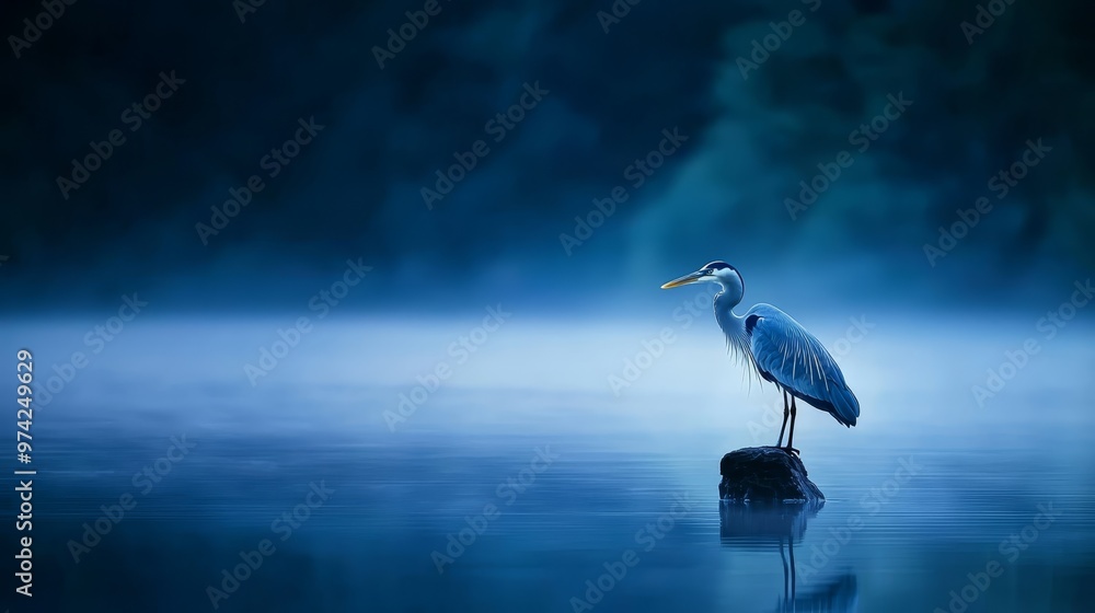 Obraz premium A blue heron atop a submerged rock, in the center of a tranquil body of water Behind, a lush forest backdrop