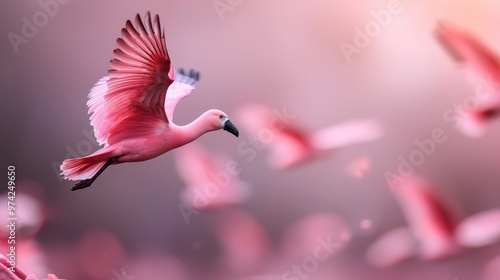  A pink flamingo soaring amidst pink avian companions against a hazy backdrop photo