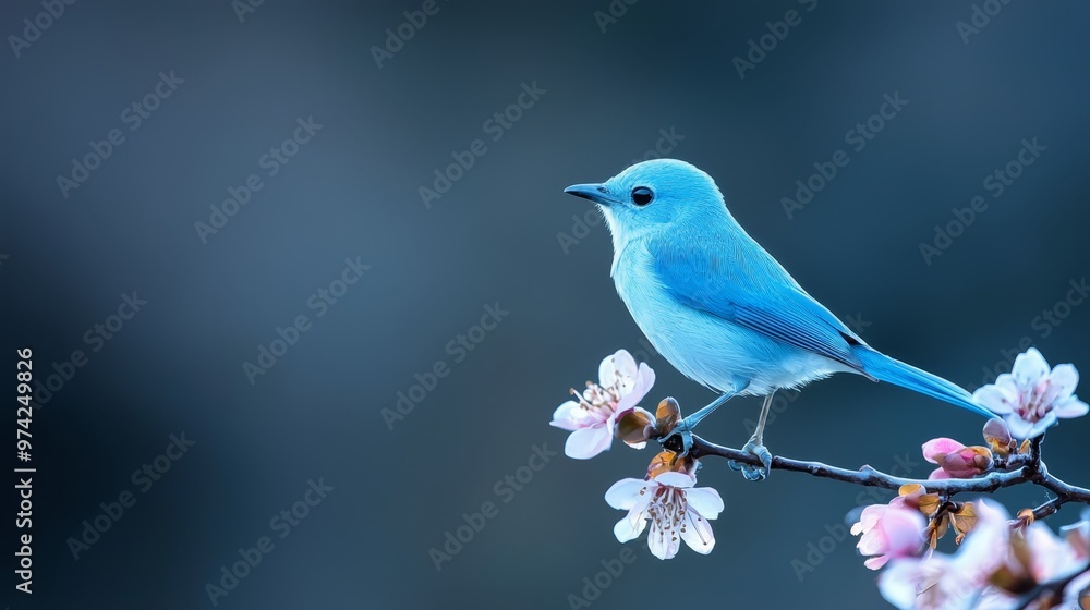 Fototapeta premium A small blue bird on a tree branch, surrounded by white and pink flowers against a black backdrop