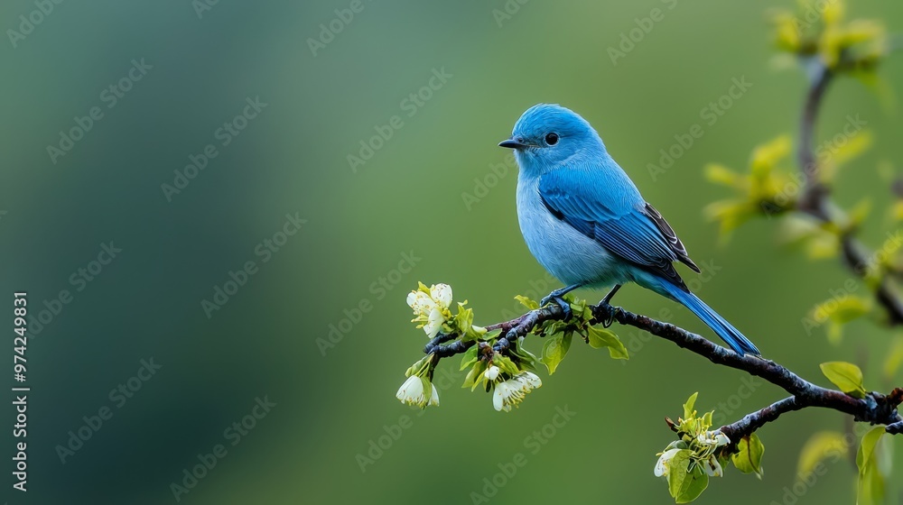 A bluebird atop a tree branch, beside white-blooming foliage; backdrop softly blurred A bluebird atop a tree branch, beside white-blooming foliage; backdrop softly blurred