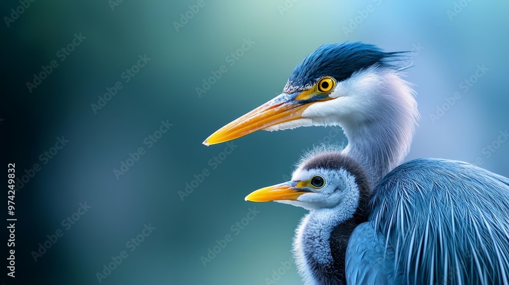 Fototapeta premium A tight shot of a bird carrying a hatchling on its back against a hazy backdrop