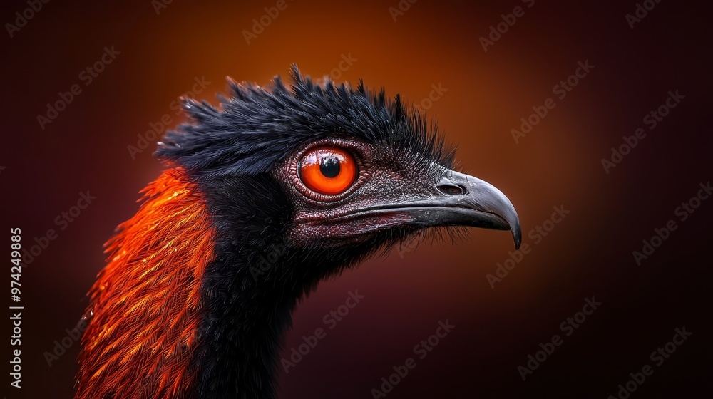 A tight shot of an orange-and-black bird's head against a black backdrop Its orange and red eye is prominently featured A tight shot of an orange-and-black bird's head against a black backdrop Its orange and red eye is prominently featured
