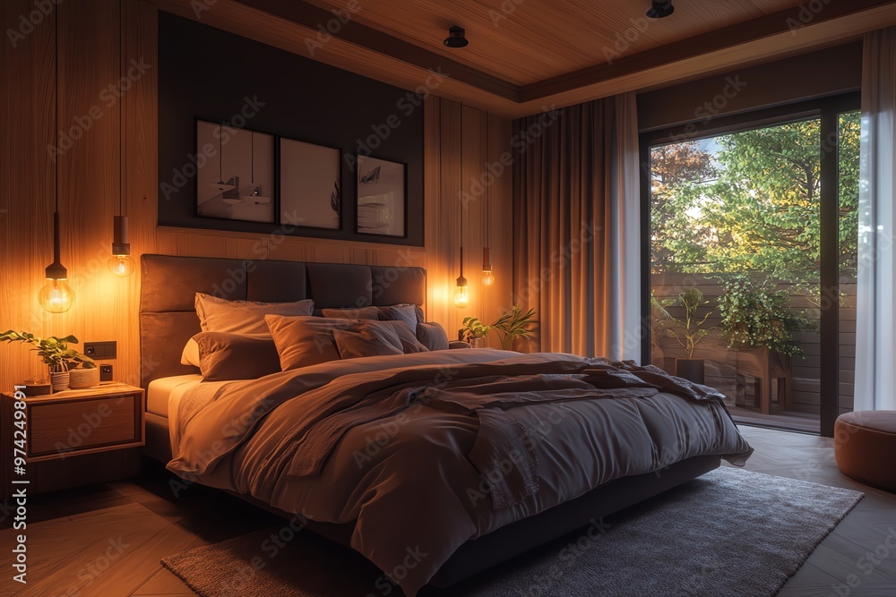 Cozy modern bedroom with warm lighting, stylish furnishings, and a view of the garden through large sliding glass doors, creating a tranquil ambiance. Cozy modern bedroom with warm lighting, stylish furnishings, and a view of the garden through large sliding glass doors, creating a tranquil ambiance.