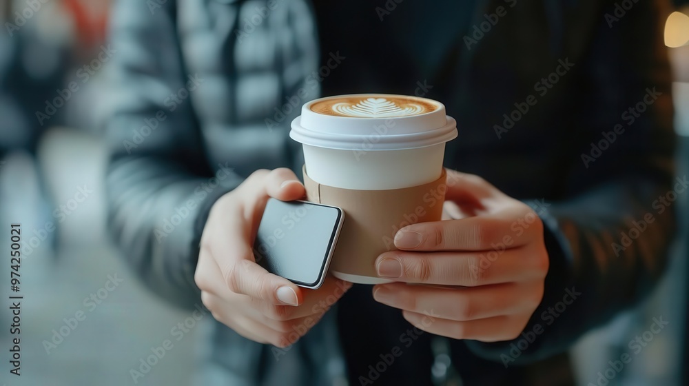 A close-up of a person holding a coffee cup and a small mobile device, perfect for lifestyle and beverage themes. A close-up of a person holding a coffee cup and a small mobile device, perfect for lifestyle and beverage themes.