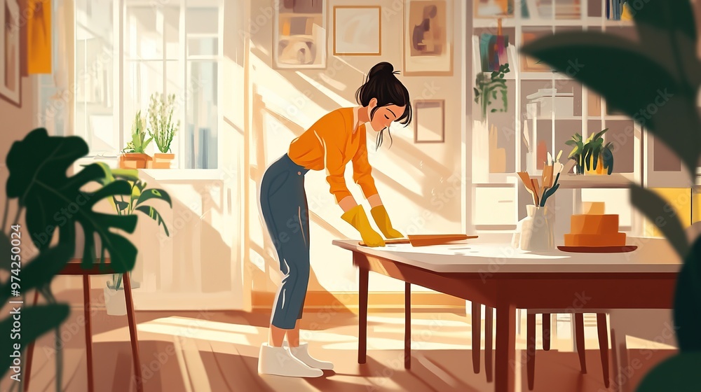 Woman wearing apron cleaning the house. Housewife, maid working