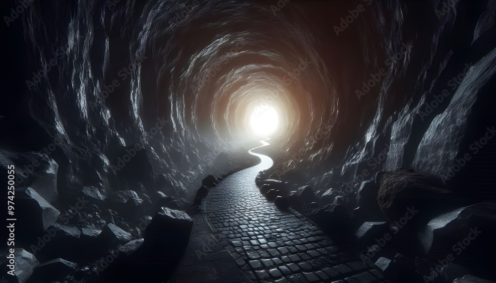 Obraz premium The dark rock tunnel with light illuminated in the end, 3d rendering – Generative AI