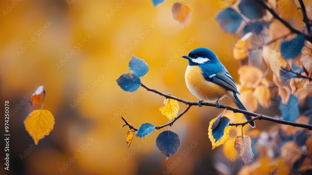 A blue-and-yellow bird perches on a branch, surrounded by yellow-and-blue foliage in the foreground A blue-and-yellow bird perches on a branch, surrounded by yellow-and-blue foliage in the foreground