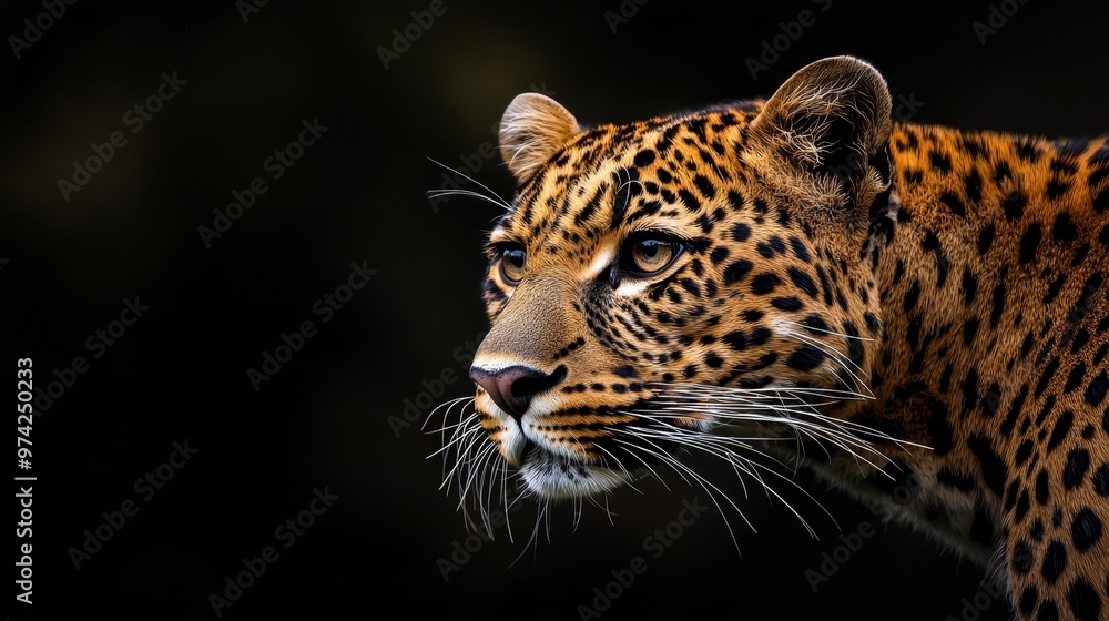 A tight shot of a leopard's face against a black backdrop, its features distinct; behind it, a leopard visage smeared into blur A tight shot of a leopard's face against a black backdrop, its features distinct; behind it, a leopard visage smeared into blur