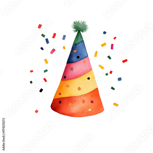 Colorful party hat with confetti, perfect for celebration themes and festive designs.