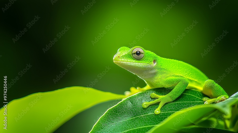 A green frog atop a leaf, nestled in a leafy green plant; background softly blurred A green frog atop a leaf, nestled in a leafy green plant; background softly blurred
