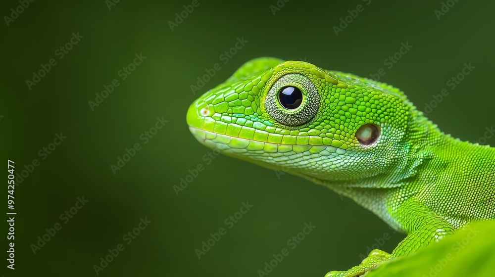 A tight shot of a green lizard's face overhanging a green leaf, surrounded by a softly blurred background A tight shot of a green lizard's face overhanging a green leaf, surrounded by a softly blurred background