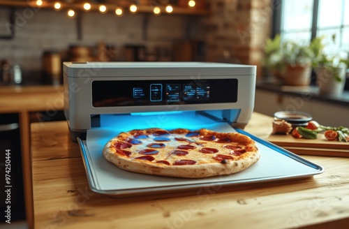 A futuristic pizza oven and printer with a holographic display and touchscreen sit on an elegant wooden table in the kitchen of a modern home. Inside, a thick, greasy pepperoni and cheese pizza bakes photo