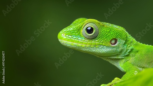  A tight shot of a green lizard's face overhanging a green leaf, surrounded by a softly blurred background