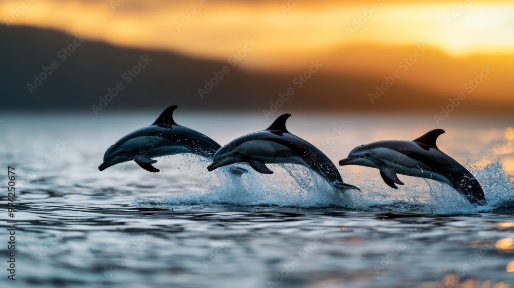 Obraz premium Three dolphins leap from the orange-blue waters, silhouetted against a setting sun