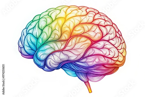 Simple, illustrative outline of the human brain, featuring prominent neural pathways, cerebrum, cerebellum, and
