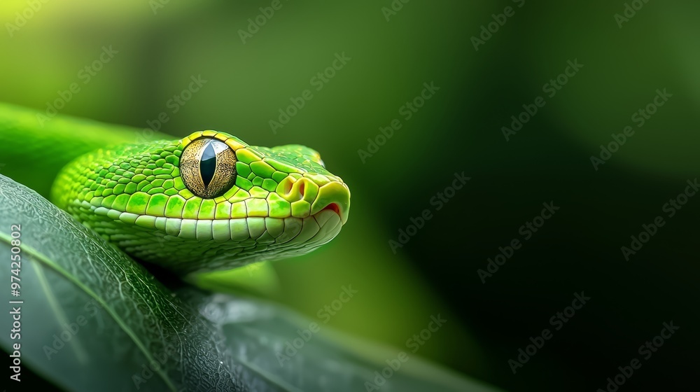 A green snake's face focused over a green leaf, background softly blurred A green snake's face focused over a green leaf, background softly blurred