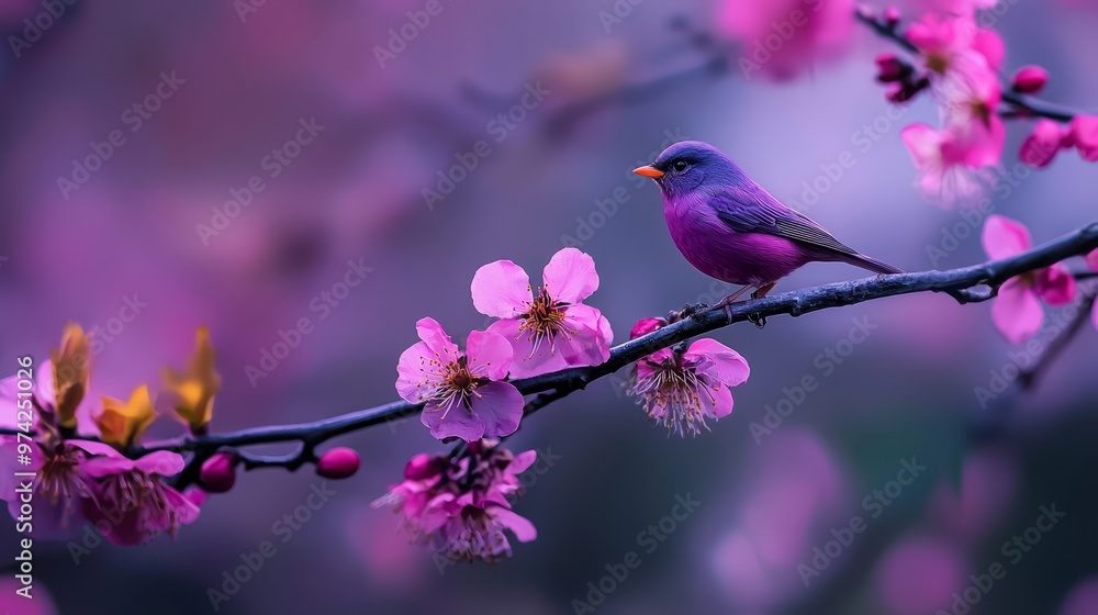 A purple bird perches on a tree branch, surrounded by pink flowers in the foreground; background softly blurred A purple bird perches on a tree branch, surrounded by pink flowers in the foreground; background softly blurred