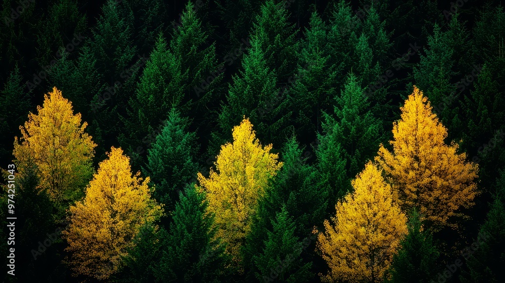 A forest teeming with numerous trees, their crowns adorned with abundant yellow and green leaves A forest teeming with numerous trees, their crowns adorned with abundant yellow and green leaves