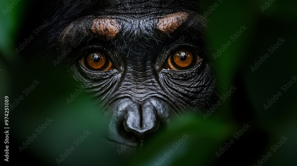 A tight shot of a monkey's face with a green leaf in the foreground against a black backdrop A tight shot of a monkey's face with a green leaf in the foreground against a black backdrop