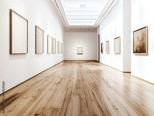 Wallpaper Mural Spacious art gallery interior with framed artworks on white walls, illuminated by natural light from a large skylight, and wooden flooring. Torontodigital.ca