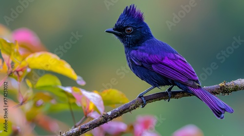  A blue-purple bird perches on a tree branch beside a pink-green flower-filled tree