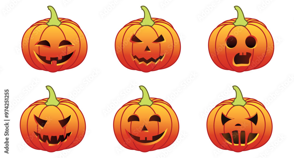 Set of Halloween pumpkins icon, symbol. Halloween pumpkins vector, Horror symbol with smile, happy and sad face. Evil scary smile symbol. vector illustration.