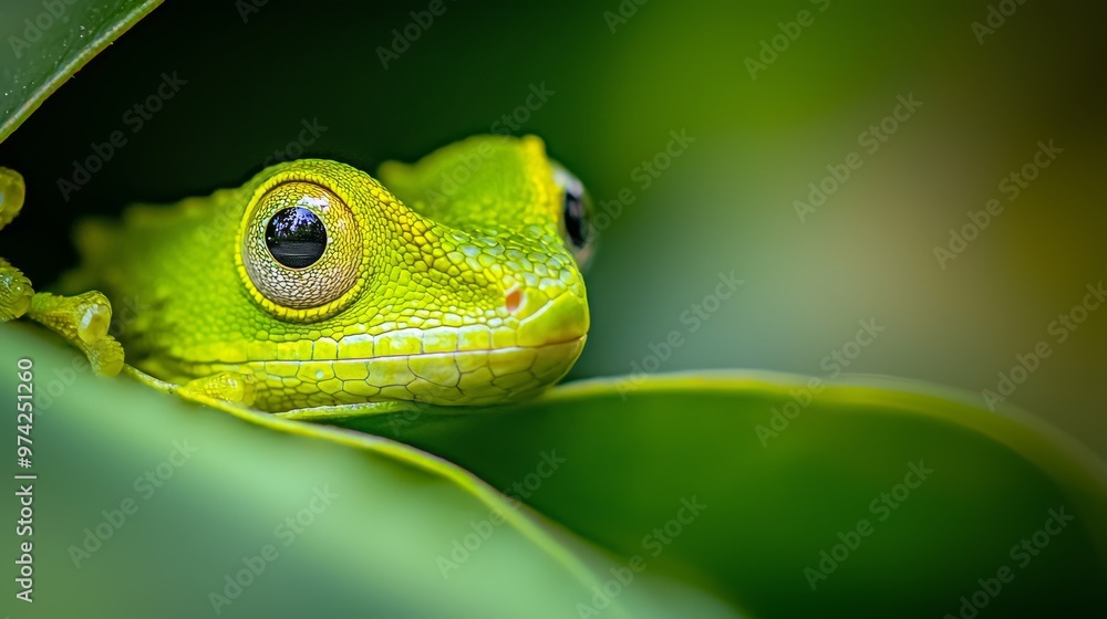  A frog's face, tightly framed, atop a green leaf Background softly blurred