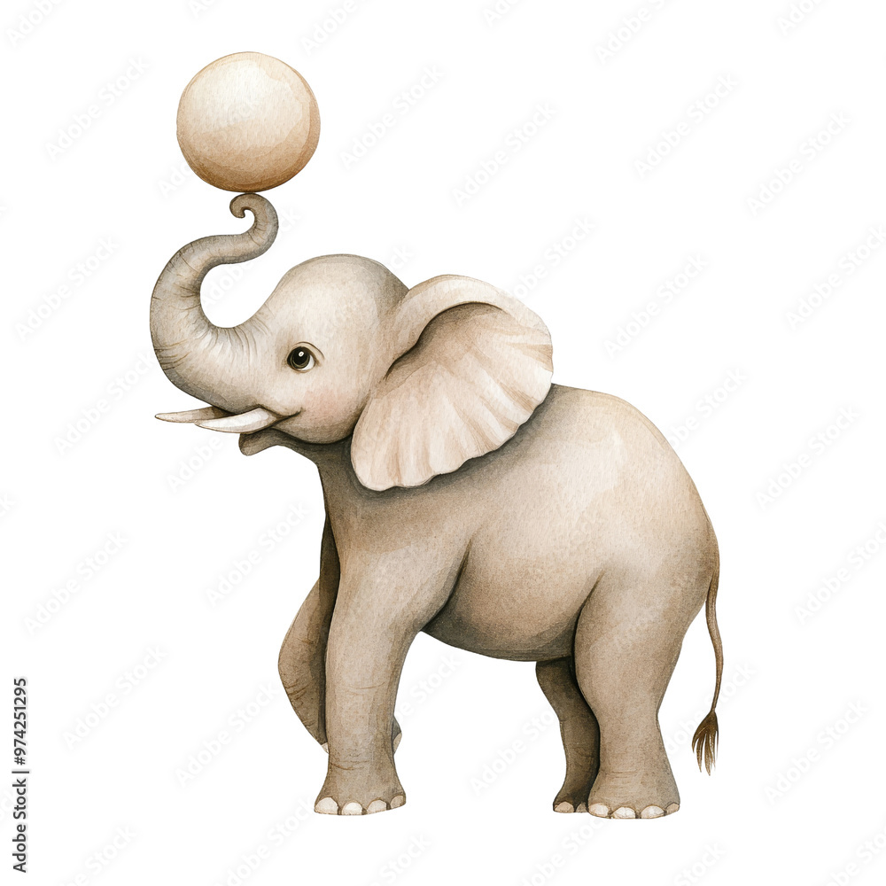 A playful elephant balancing a ball on its trunk, perfect for children's themes and animal lovers. A playful elephant balancing a ball on its trunk, perfect for children's themes and animal lovers.