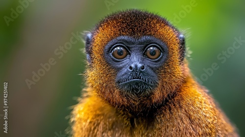  A tight shot of a monkey's face against a green backdrop, the surroundings softly blurred