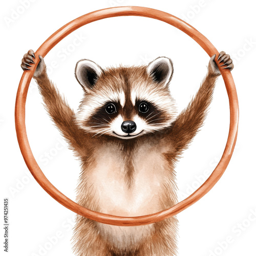 Cute raccoon playfully holding a ring, perfect for fun and wildlife-themed projects or children's illustrations. photo