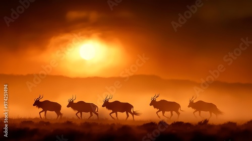  A herd of wild animals traverses a grassy field under an orange and black sunset sky, with the sun casting a golden glow behind