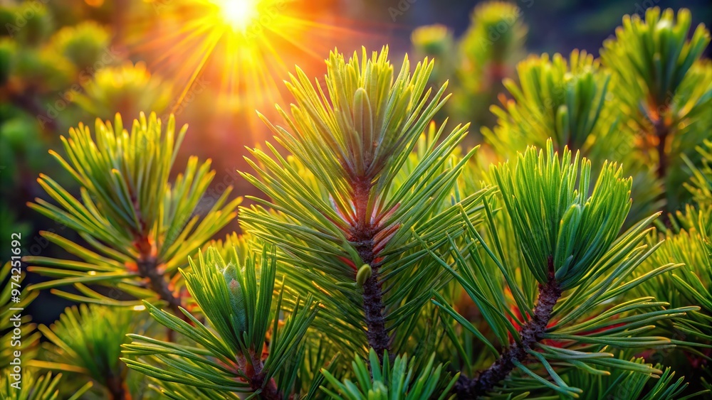 Warm morning light illuminates a densely packed arrangement of vibrant green pine needles, showcasing their delicate texture and subtle color variations. Warm morning light illuminates a densely packed arrangement of vibrant green pine needles, showcasing their delicate texture and subtle color variations.