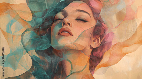 Abstract Portrait of a Young Woman with Flowing Fragmented Lines and Geometric Shapes